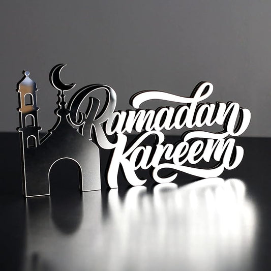 IWA CONCEPT | Wooden Acrylic Islamic Tabletop Decors | Ramadan Kareem and Eid Mubarak Decoration | Islamic Muslim Gifts | Ramadan Eid Decoration | (Ramadan Kareem-3, Silver)