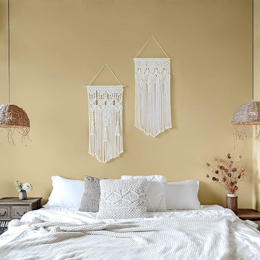 Mkono 2 Pcs Macrame Woven Wall Hanging Boho Home Chic Bohemian Geometric Art Decor - Beautiful Apartment Bedroom Dorm Room Decoration, 32''L x 17''W