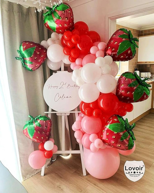 4 Pcs Strawberry Balloons 24 Inch, Fruit Strawberry Balloons Mylar Foil Cute Strawberry Balloons for Fruit Themed Birthday Party Decorations Supplies