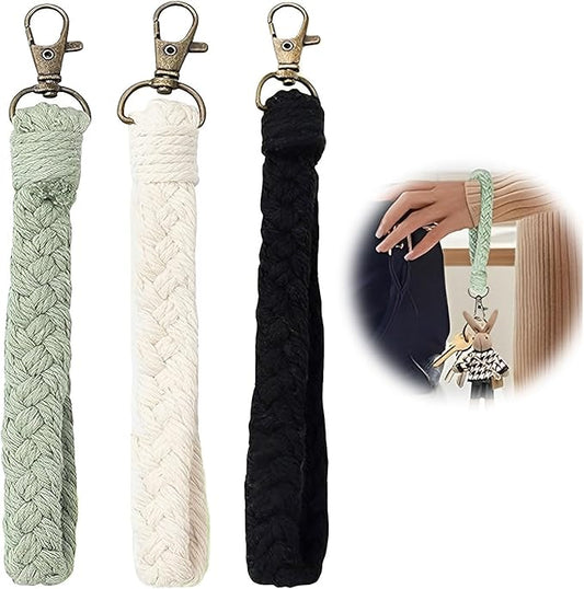 Pack of 3 Key Chains, Macrame Key Chain, Bracelet Lanyard, Short Lanyard, Boho Bracelet Lanyard, Soft Macrame Keyring, for Women (Black, White, Light Green), colour, 1