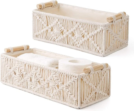 Mkono Macrame Storage Baskets Decor Box Handmade Woven Decorative Worktop Toilet Tank Shelf Cabinet Organiser Boho for Bedroom Children's Room Living Room Set of 2 Ivory