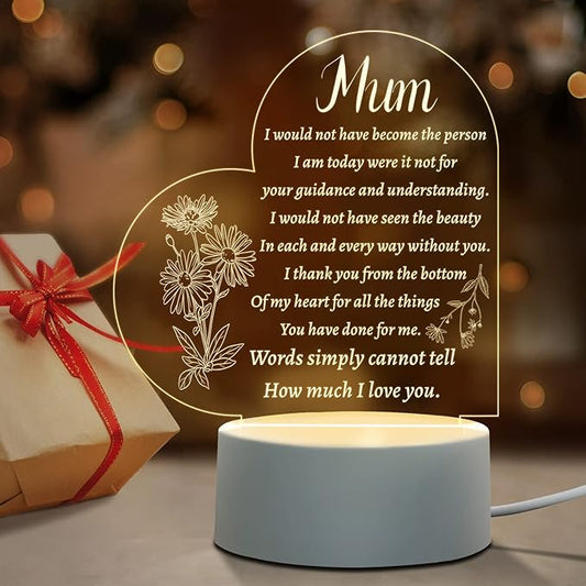 Mothers Day Gifts for Mum from Daughter Son, Mum Birthday Gifts, Acrylic Night Lamp Mum Gifts, Presents for Mum Mum- Heart