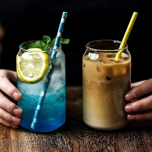2Pcs Drinking Glasses with Bamboo Lids and Straws, Beer Can Glass Tumbler Glasses Ice Coffee Cup for Milk Coffee Ice Water Cocktail