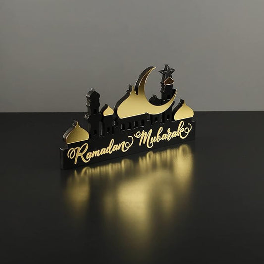 IWA CONCEPT | Wooden Acrylic Islamic Tabletop Decors | Ramadan Kareem and Eid Mubarak Decoration | Islamic Muslim Gifts | Ramadan Eid Decoration | (Ramadan Mubarak, Gold)
