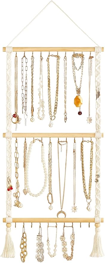 Dahey Hanging Jewelry Organizer Macrame Necklace Holder with 30 Hooks Wall Mounted Jewelry Hanger Over Door Necklace Rack with Tassel for Necklace Bracelet Earring Headband Bow Organizer