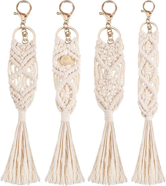 Syhood 4 Pieces Mini Macrame Keychains Boho Macrame Bag Charms with Tassels Handcrafted Accessory for Car Key Purse Phone Supplies, Beige