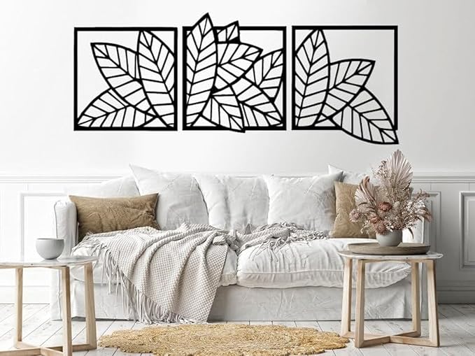 Home Gallery Leaves shape 4 panels Wood Wall art Black 60x180 H01627