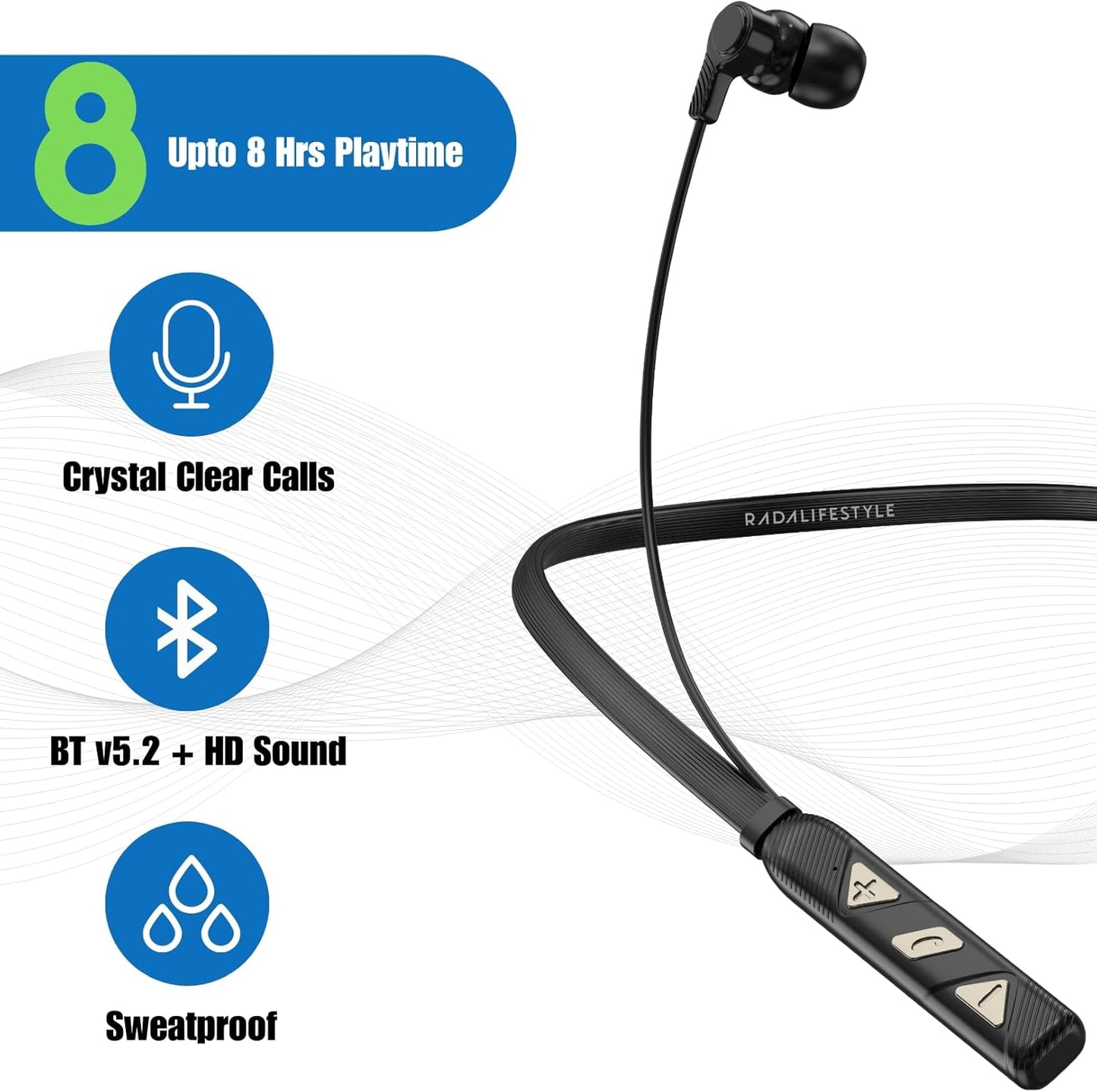 Radalifestyle Pro6 Dynamic Bass Bluetooth In Ear Neckband with Upto 8 Hours Playback