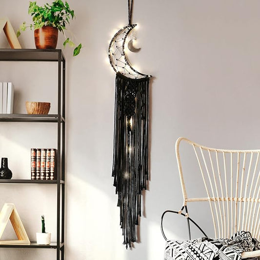 Dremisland Macrame Woven Wall Hanging Moon Dream Catcher- Boho Chic Bohemian Home Decor Wall Art Decor Beautiful Apartment Dorm Room Door Decoration (Moon-Black)
