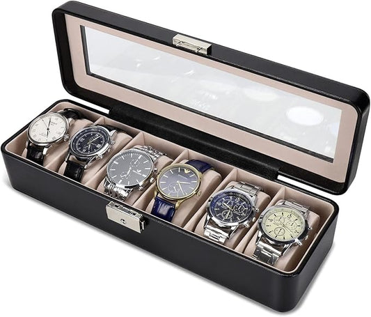 Watch Box Organizer for Men Watch Case Holder 6 Slot Watch Box Pu Leather Watch Display with Glass Window and Lock Black