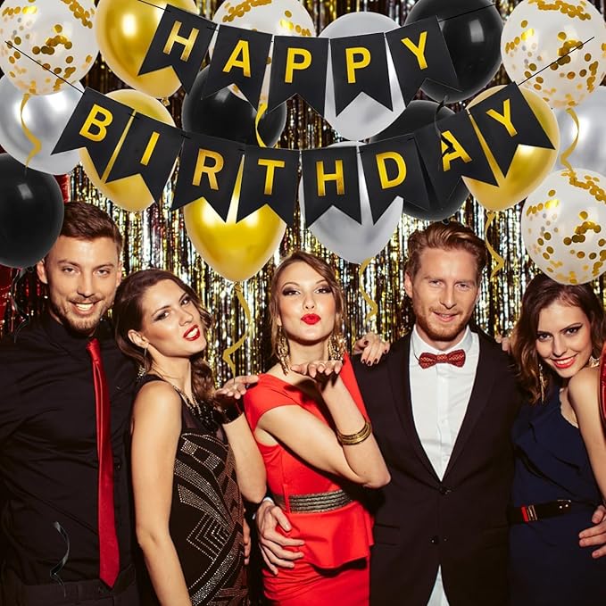 Happy Birthday Party Decorations Set, 16 Pieces 30cm Balloons, Banner, 2 Ribbons (gold)