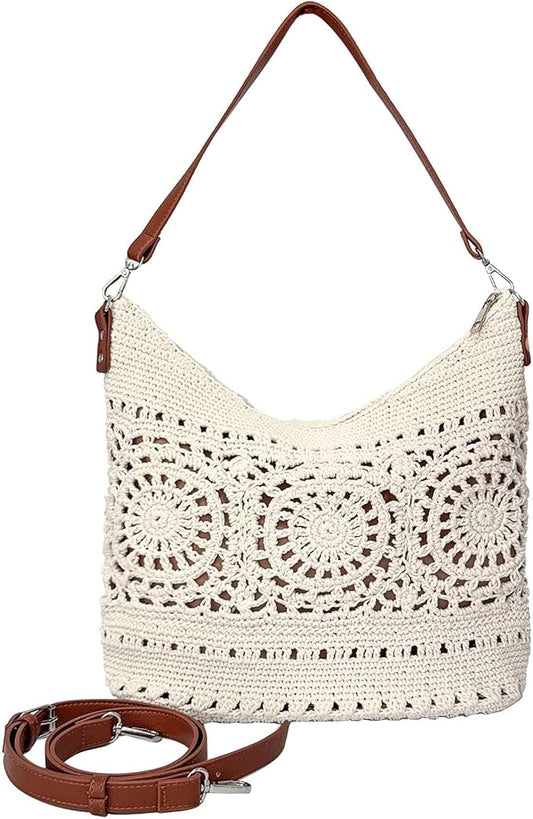 Eiyye Boho Crochet Crossbody Bag for Women Handmade Cotton Hobo Purse Macram Tote Bag for Summer, Beach, Travel & Everyday Use (Off White), Off-white