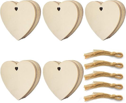 50 Pack Wooden Crafts to Paint Christmas Tree Hanging Ornaments Unfinished Wood Cutouts Christmas Decoration DIY Crafts (Heart Cutouts)