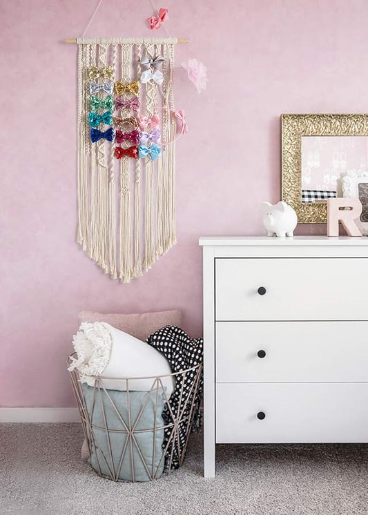 Mkono Macrame Hair Bow Holder Hanging Hair Clips Hanger Headband Storage Organizer Boho Wall Decor Bow Organizer for Baby Girls Room, Ivory (Clips and Other Props Not Included)