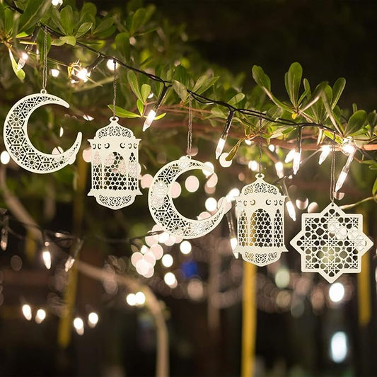 Maitys 2 Sets 6 Pieces Wooden Pendant Kareem Moon Star Wind Light Shape Ornament for Ramadan Mubarak Eid Decorations