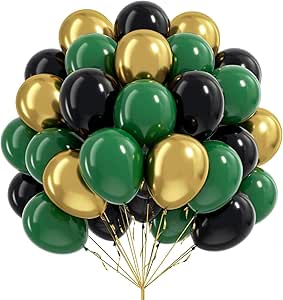 60pcs Green and Black balloons 12inch with Dark Green Metallic Gold Balloons for Jungle Safari Birthday Party Decorations