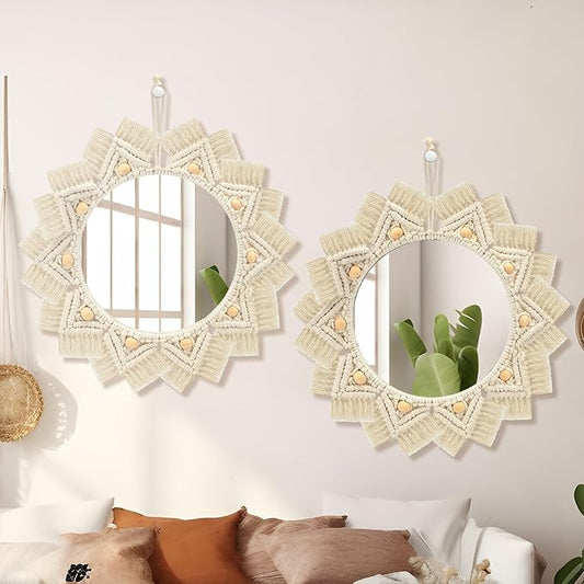 2 Pcs Boho Macrame Wall Decor Mirror 16 Inch Circle Hanging Mirror Wall Art Decoration Mirrors Handmade Decorative Acrylic Mirrors for Bedroom Nursery Living Room Entryways Home