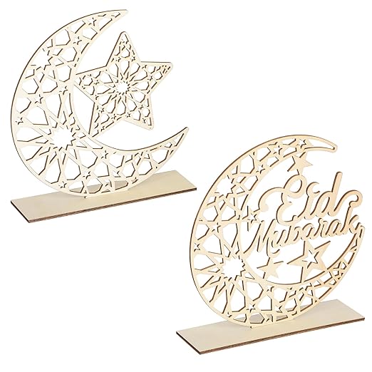 2 Pieces Wood Eid Mubarak Decorations Ramadan Kareem Table Sign Moon Hollow Star Ornament for Muslim Islamic Party Tabletop Decor Home Art Craft Decoration White Moon