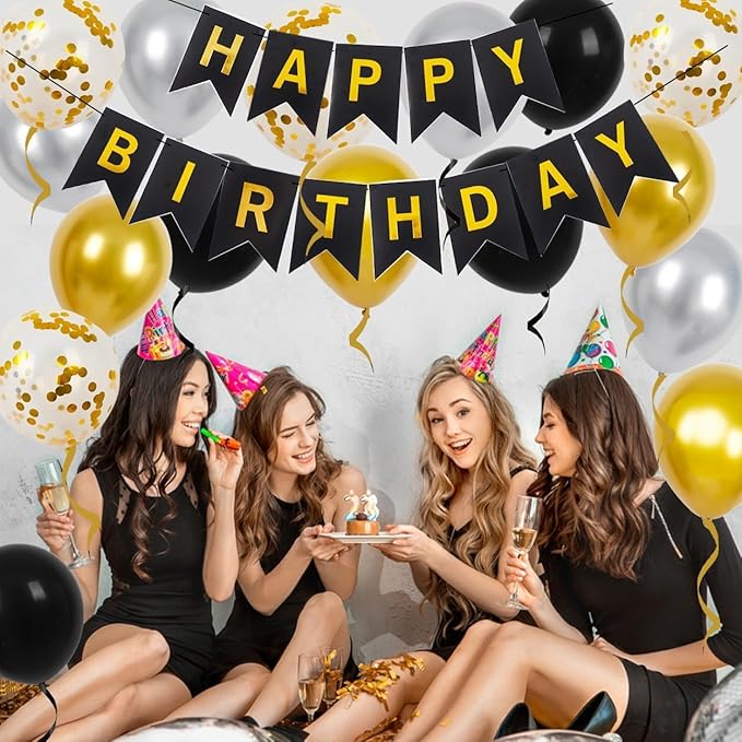 Happy Birthday Party Decorations Set, 16 Pieces 30cm Balloons, Banner, 2 Ribbons (gold)