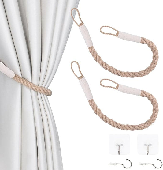 OCIOLI 2 Pieces Curtain Tiebacks Holdbacks With Twisted Hemp Rope - Decorative Handmade Tie Backs Holders for Curtains (2, Beige)