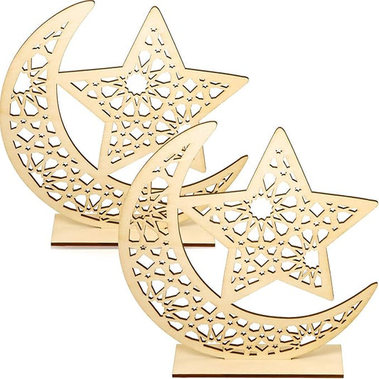 WILLBOND 2 Sets Eid Mubarak Wooden Ornament Ramadan Wood Tabletop Decor Moon Star Hanging Pendant for Ramadan Mubarak Eid Decorations