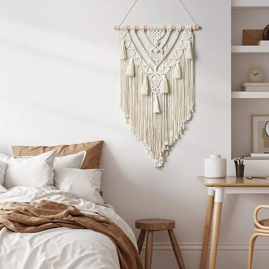 Dremisland Macrame Woven Wall Hanging Boho Geometric Woven Tapestry Beige & Grey Cotton Handmade Bohemian Art Decor with Tassel Craft Ornament for Bedroom Living Room Apartment Nursery (Beige-)