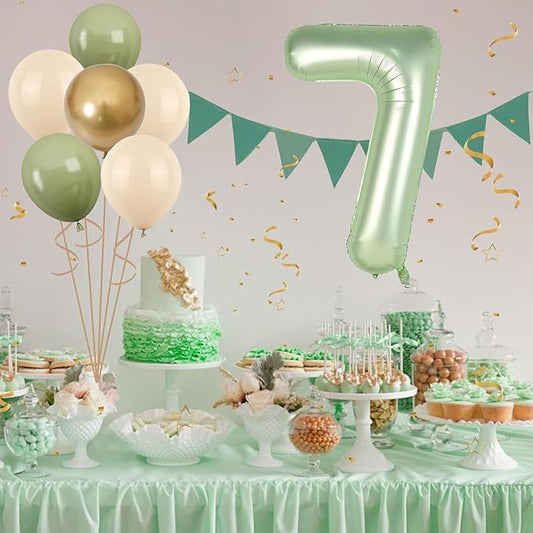 40 Inch Sage Green Number 7 Balloon, Olive Green 7th Birthday Balloons, Retro Sand White Avocado Green Gold Latex Balloons Giant 7 Foil Balloon for Kids Boy Girl 7th Birthday Jungle Party Decorations