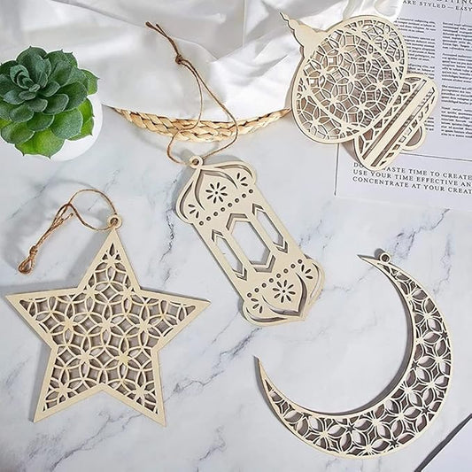 Lukione (6PCS) Islam Eid Ramadan Mubarak Decorations Hanging Wooden Lantern Baubles Pendant Muslim Islam Plaque Sign Ornament for Home Happy Ramadan Mubarak DIY Wall Decor Supplies