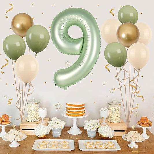 40 Inch Sage Green Number 9 Balloon, Olive Green 9th Birthday Balloons, Retro Sand White Avocado Green Gold Latex Balloons Giant 9 Foil Balloon for Kids Boy Girl 9th Birthday Jungle Party Decorations