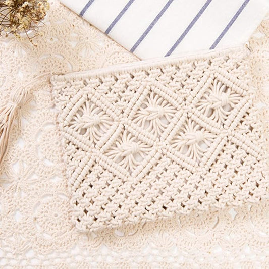 Crochet Tassel Handbag Straw Envelope Clutch Bag Cotton Macrame Purse Hobo Hand-Woven Beach Wristlet Bag with Zipper (01-White)