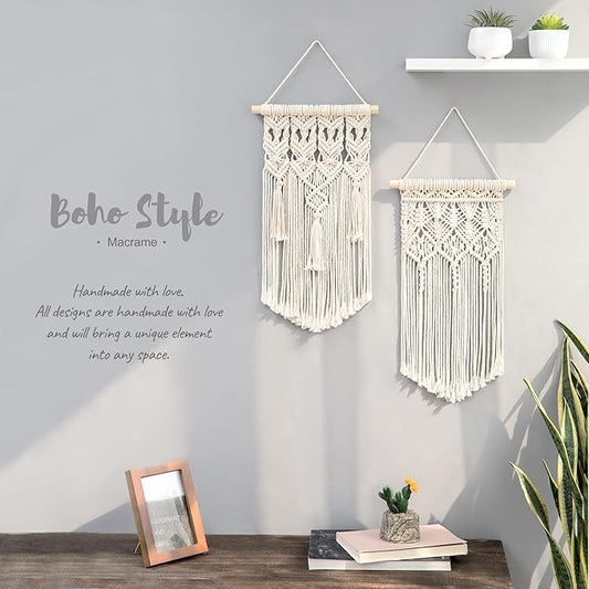 Mkono 2 Pcs Macrame Woven Wall Hanging Boho Chic Geometric Art Decor - Beautiful Bedroom Nursery Apartment Home Decoration, Gift for Girls Adults Birthday Christmas, Small Size 18" L x 9.5" W