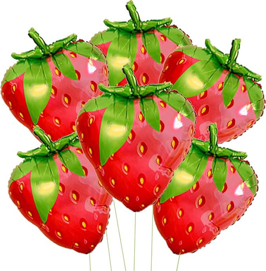 6 Pieces 28 Inches Large Strawberry Balloons, Red Aluminum Foil Sweet Fruits Balloon for Kids Girls Strawberry Themed Birthday Party Decorations