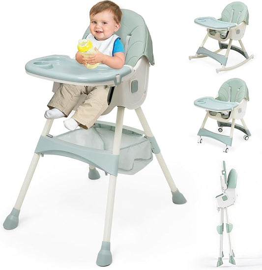 3-in-1 Children's High Chair with Wheels and Tray, Foldable Baby High Chair with Reclining Function, Height Adjustable Backrest, Grows with Children from 0 Months to 6 Years Baby Chair