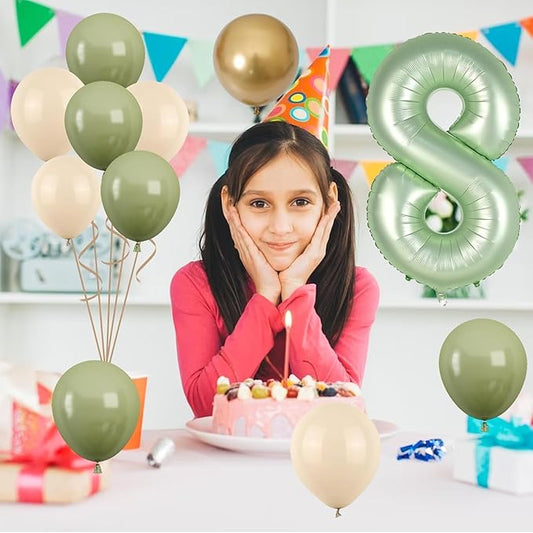 40 Inch Sage Green Number 8 Balloon, Olive Green 8th Birthday Balloons, Retro Sand White Avocado Green Gold Latex Balloons Giant 8 Foil Balloon for Kids Boy Girl 8th Birthday Jungle Party Decorations