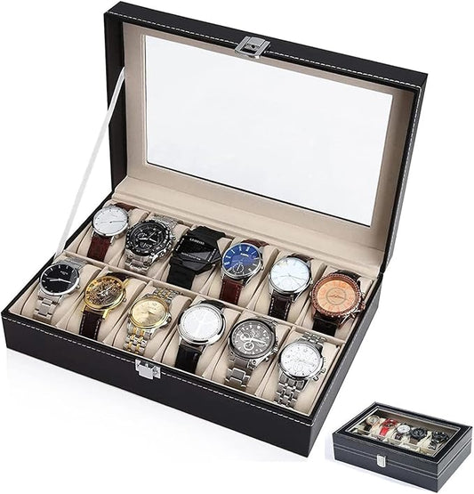Arabest Watch Organizer Large 12 Slot Watch Display Case Organizer With Glass Lid,Watch Box Organizer For Men, Mens Jewelry Box With Removable Pillow,Black PU Leather