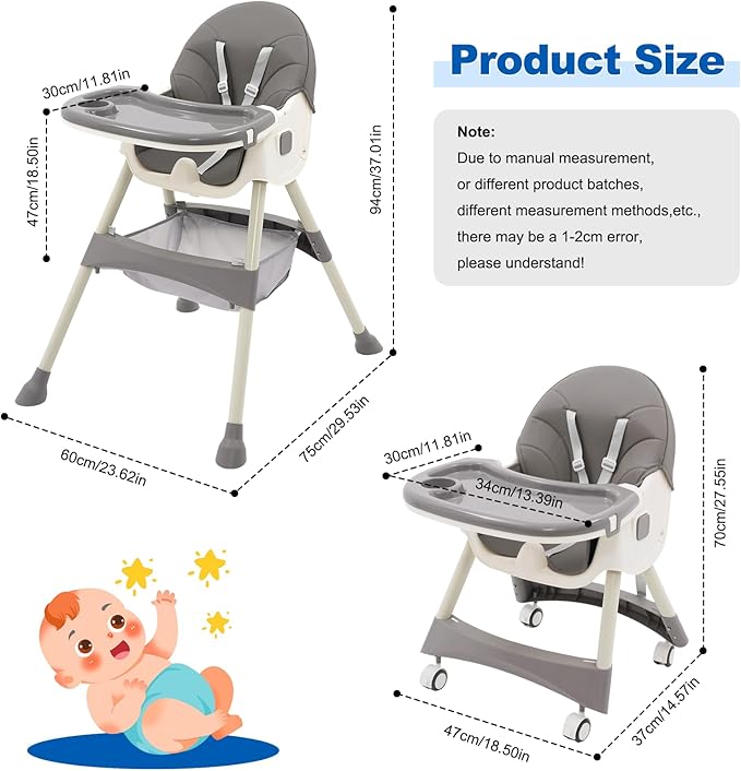 3 in 1 High Chair Baby Foldable High Chair Reclining Reclining Chair Adjustable Height with Table and Wheels