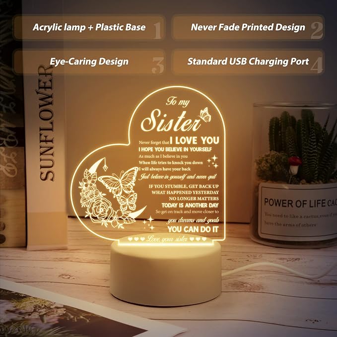 Sister Gifts - Sister Birthday Gifts Night Light, Touching Words Engraved Gifts for Sister, Idea Birthday, Christmas, Valentines Day Sister Gifts from Sister, Christmas Gifts for Sister from Sister