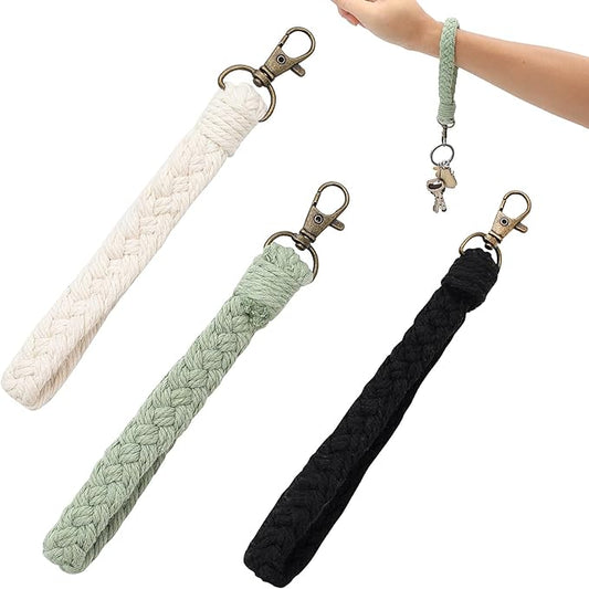 TRUEIN 3 Pieces Boho Braided Key Chain, Handmade Key Chain, Bracelet Lanyard, Keyring Macrame, Short Boho Lanyard (White, Black, Soy Green)