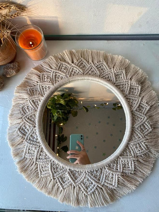 Macrame Mirror Hanging Tapestry Vanity Mirror Boho Fringe Round Decorative Mirror Hanging Macrame Tapestry for Apartment Living Room Bedroom Handmade Wall Decor