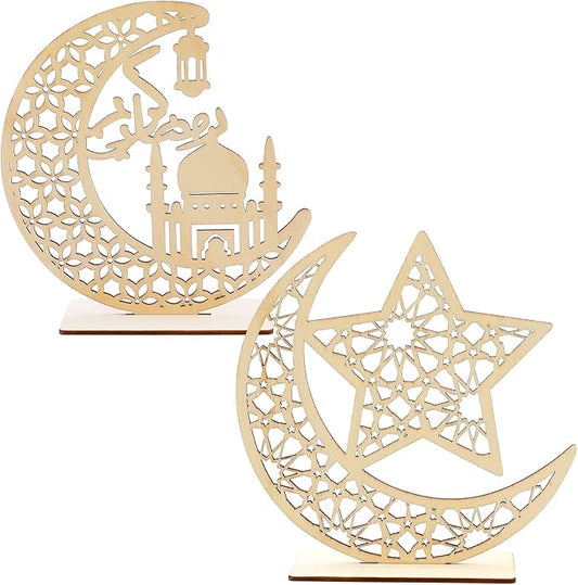 HOWAF 2 Sets Eid Mubarak Wooden Ornament Ramadan Kareem Hollow Decoration Moon Star Hanging Pendant Happy Eid Wood Tabletop Decor for Home Ramadan Mubarak Eid Decorations