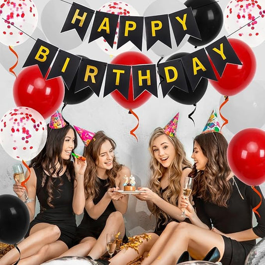 Happy Birthday Party Decorations Set, 16 Pieces 30cm Balloons, Banner, 2 Ribbons (red)