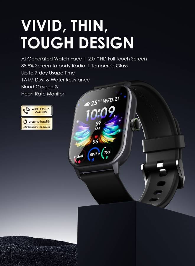 Oraimo Watch 5 2.01-Inch Waterproof HD Smartwatch, Light Chrome Black