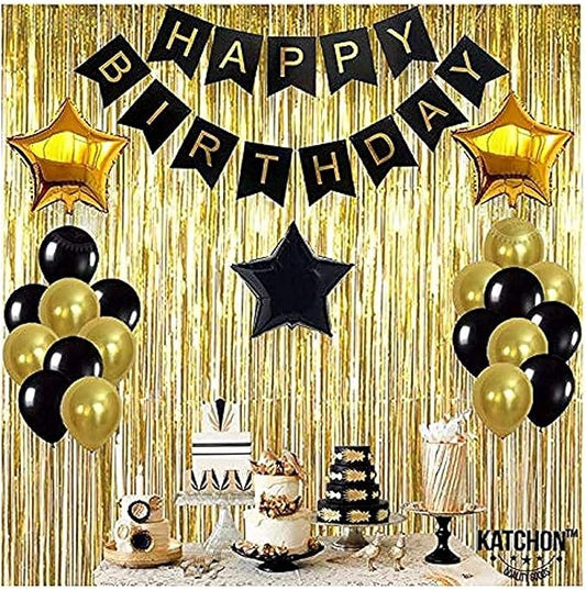 Black,Gold Balloons and Paper Pom Poms Party Supplies for Birthday Decoration With Pale Champagne Metallic Foil Fringe Tinsel Curtain Happy Birthday Party Decoration Backdrop,Black Decoration Kit