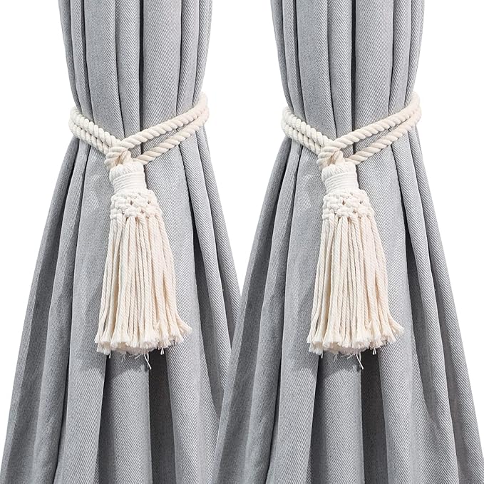 Artilady 2Pack Curtain Tiebacks Macrame Holdbacks - Handmade Farmhouse Curtain Tie Back Holder by Hand-Woven Cotton Rope, Bohemian Home Decor Drapery Holdback