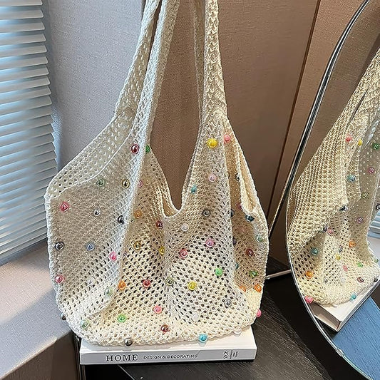 Beach Bags for Women,Crochet Beaded Bag Tote