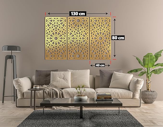 Home gallery Decorative arabesque style wooden wall Art 3 panels 80X130 cm Gold
