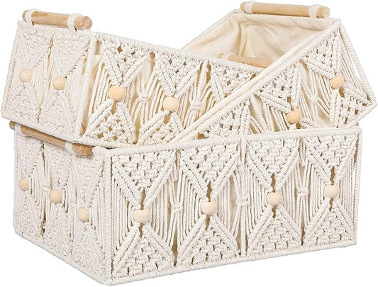 Boho Storage Baskets for Organizing Macrame Decorative Hand Woven Storage Bins with Natural Wooden Handles Beads Box Cotton Rope Wicker Boxes Set for Tabletop Shelf Bathroom (Ivory, Pack of 3)