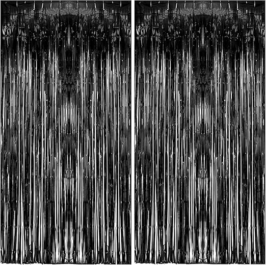 2 Pack Backdrop Black Metallic Tinsel Foil Fringe Curtains Photo Booth Props for Birthday Wedding Engagement Baby Shower Bachelorette Christmas Holiday Celebration Party Decorations