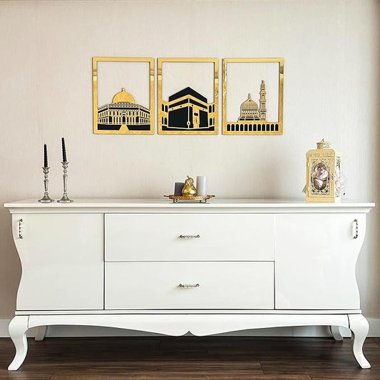 iwa concept Masjid Al Aqsa, Masjid Al-Haram & Masjid An-Nabawi Islamic Wall Art | Wooden Acrylic Kaaba Wall Decor | Ramadan Decoration | Muslim Gift | (Medium, Gold | All Three)