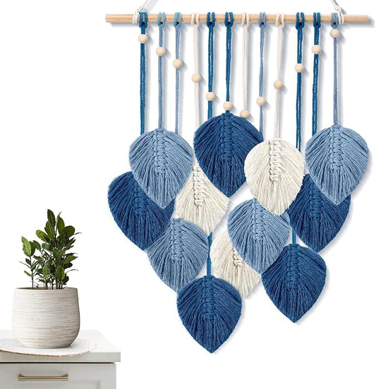 ASMPCUE Macrame Wall Hanging Leaves, Boho Wall Decor Art Feather Tapestry, Handmade Yarn Tassels Decorations with 12 Leaves for Living Room, Bedroom, Apartment Home Decor,BLUE